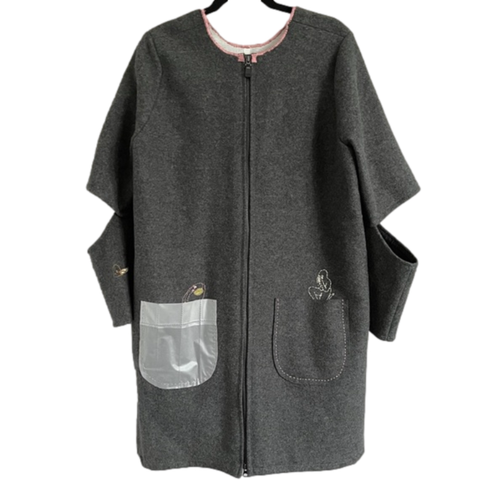 Handmade Gray Wool Elbow Cut-Out Embroidered Mid-Length Coat - 6/8, M, OOAK! - Picture 12 of 14